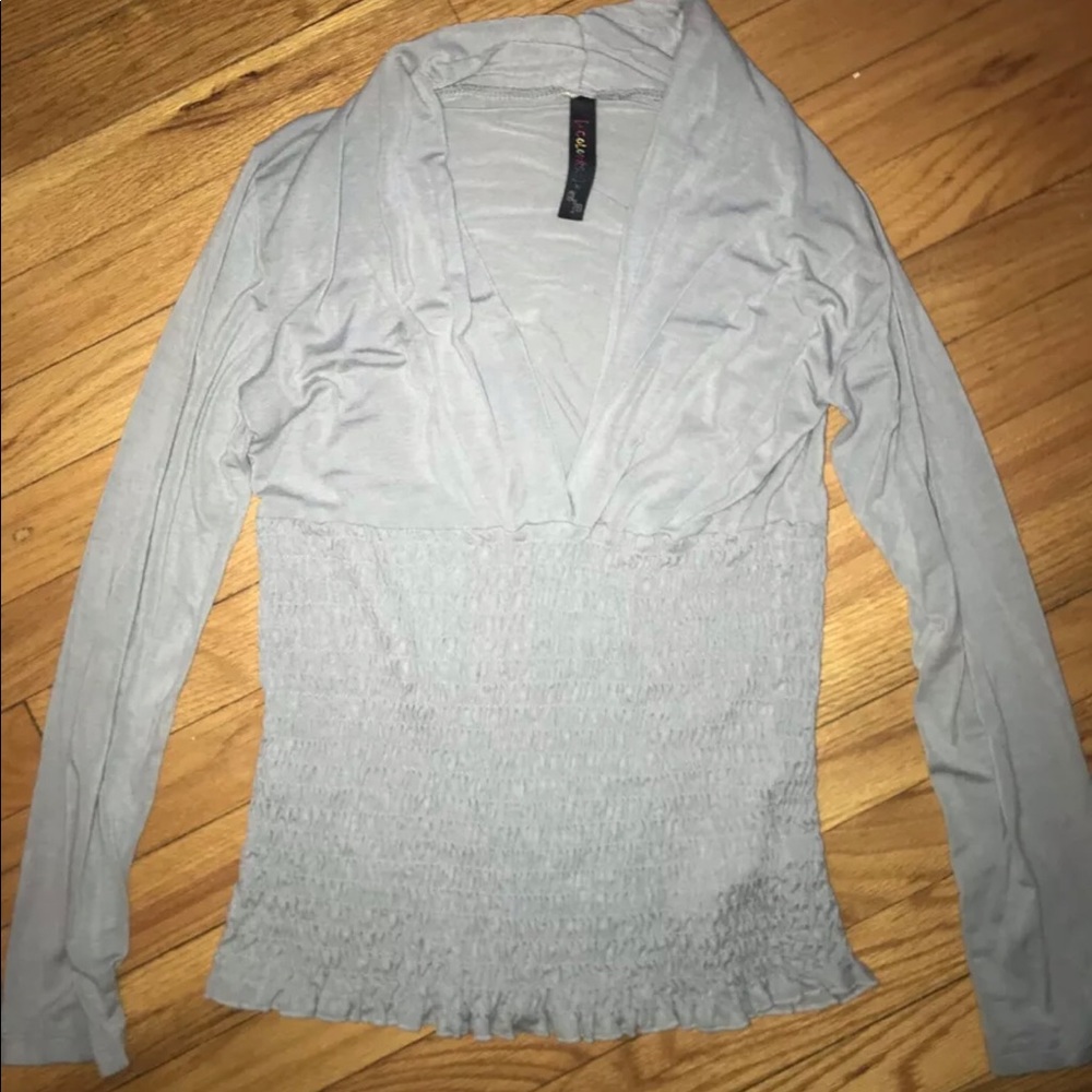 AnM Colours Womens Long Sleeve Blue Gray Ruched Ruffled Pleated Blouse Shirt Top